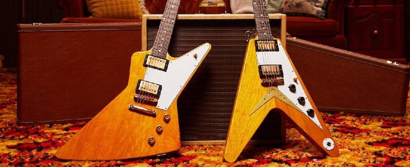 the Gibson Custom Shop 1958 Korina Explorer and Korina Flying V. photo